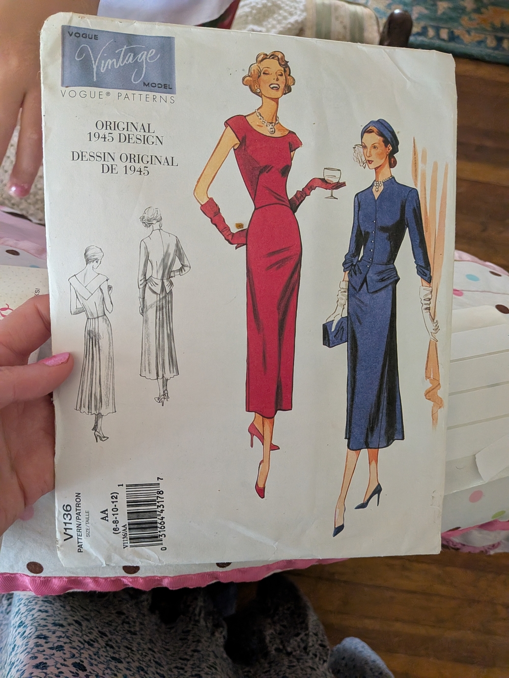 Vogue Vintage 1945 Dress Pattern - Red & Navy Illustration Uncut